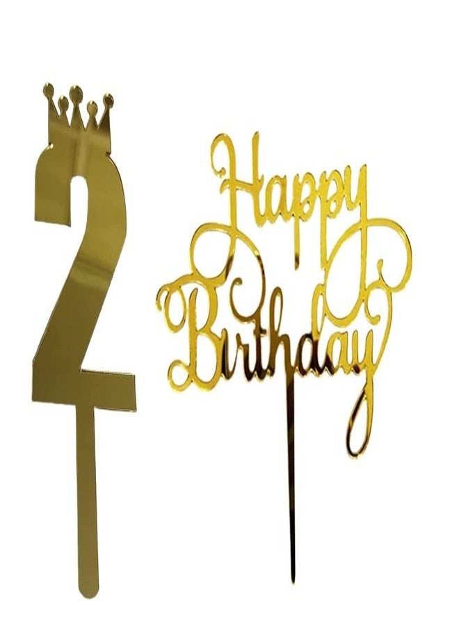 MOREL Gold Color Number 2 Cake Topper with Happy Birthday Topper for Birthday Decorate Kids Cake Flags for Girl/Boys/Kids. - Image 1